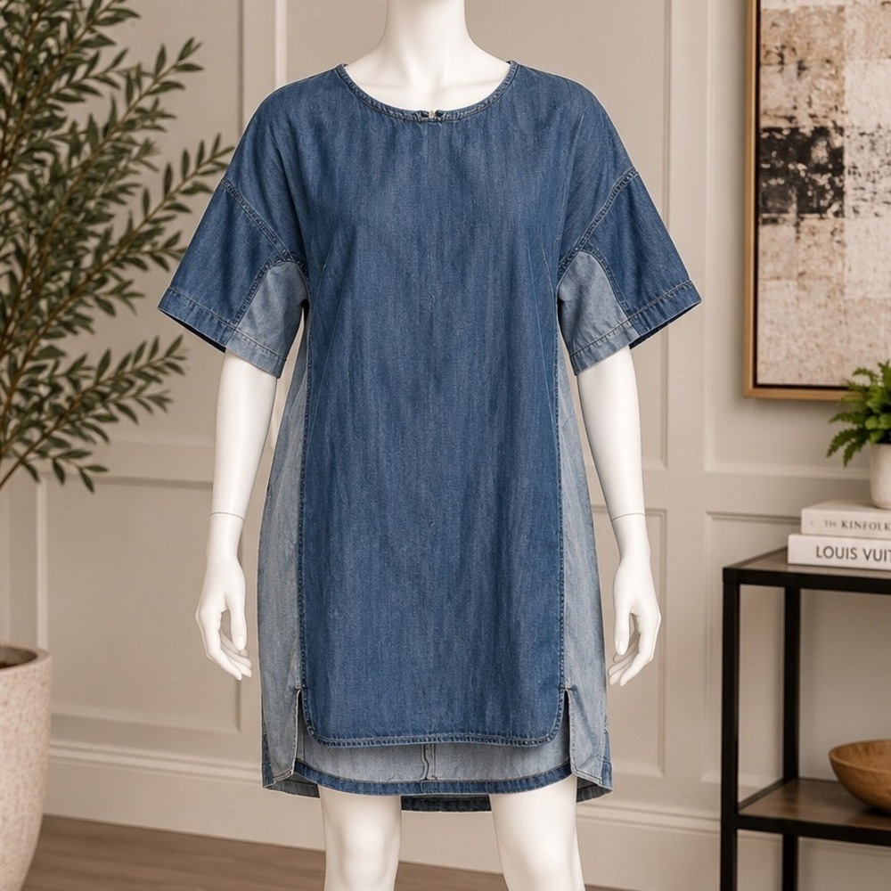 Life in Progress Women Denim Shift Dress Two Tone Colorblock Blue Small